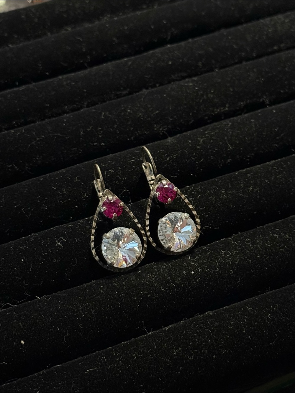 Elegant Dark Silver Teardrop Earrings with Clear and Pink Stones